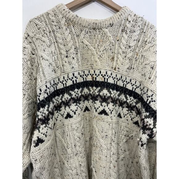 LL Bean Irish Wool Fair Isle Grandpa Heritage Sweater L Cabincore Fisherman Knit - Picture 2 of 16